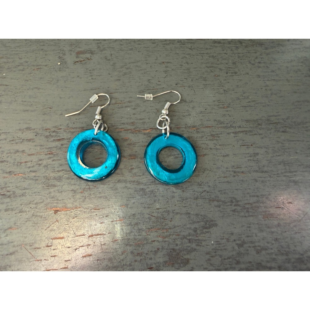 Teal Blue Resin Circle Drop Earrings Silver Tone Fishhook Geometric Dangle